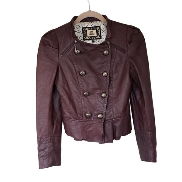 Eva Ouxiu Burgundy Lambskin Leather Crop Slim Fit Ruffled Moto Jacket - Picture 1 of 13